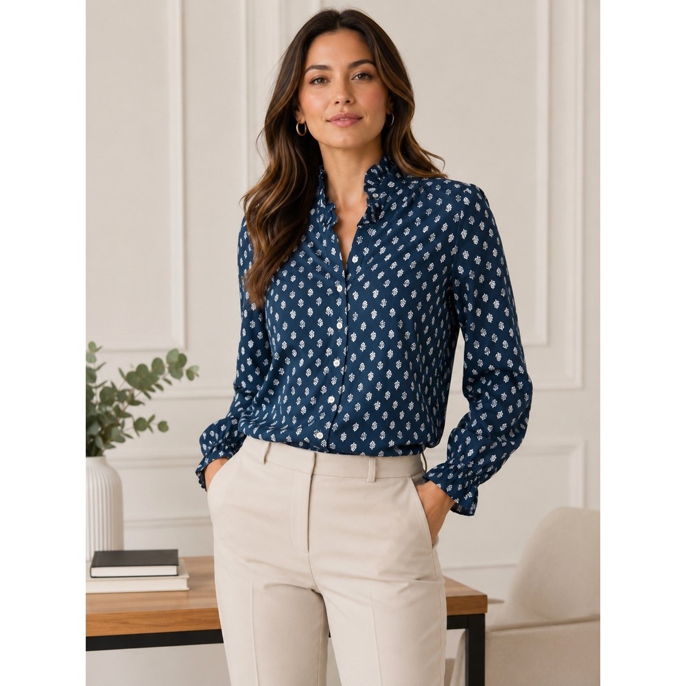 J.Crew NWT Ruffle Collar Floral Print Button Shirt M Cotton Stretch Blouse